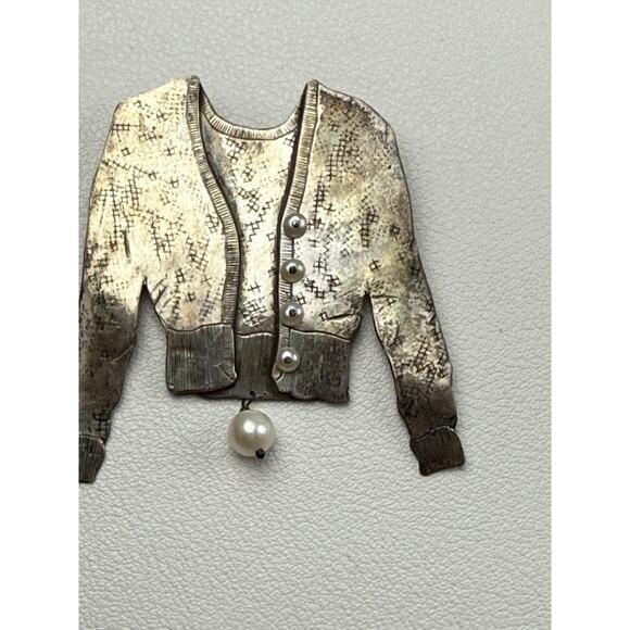 Signed C. Vintage Sterling Silver Brooch Sweater Real Pearls - Picture 3 of 8